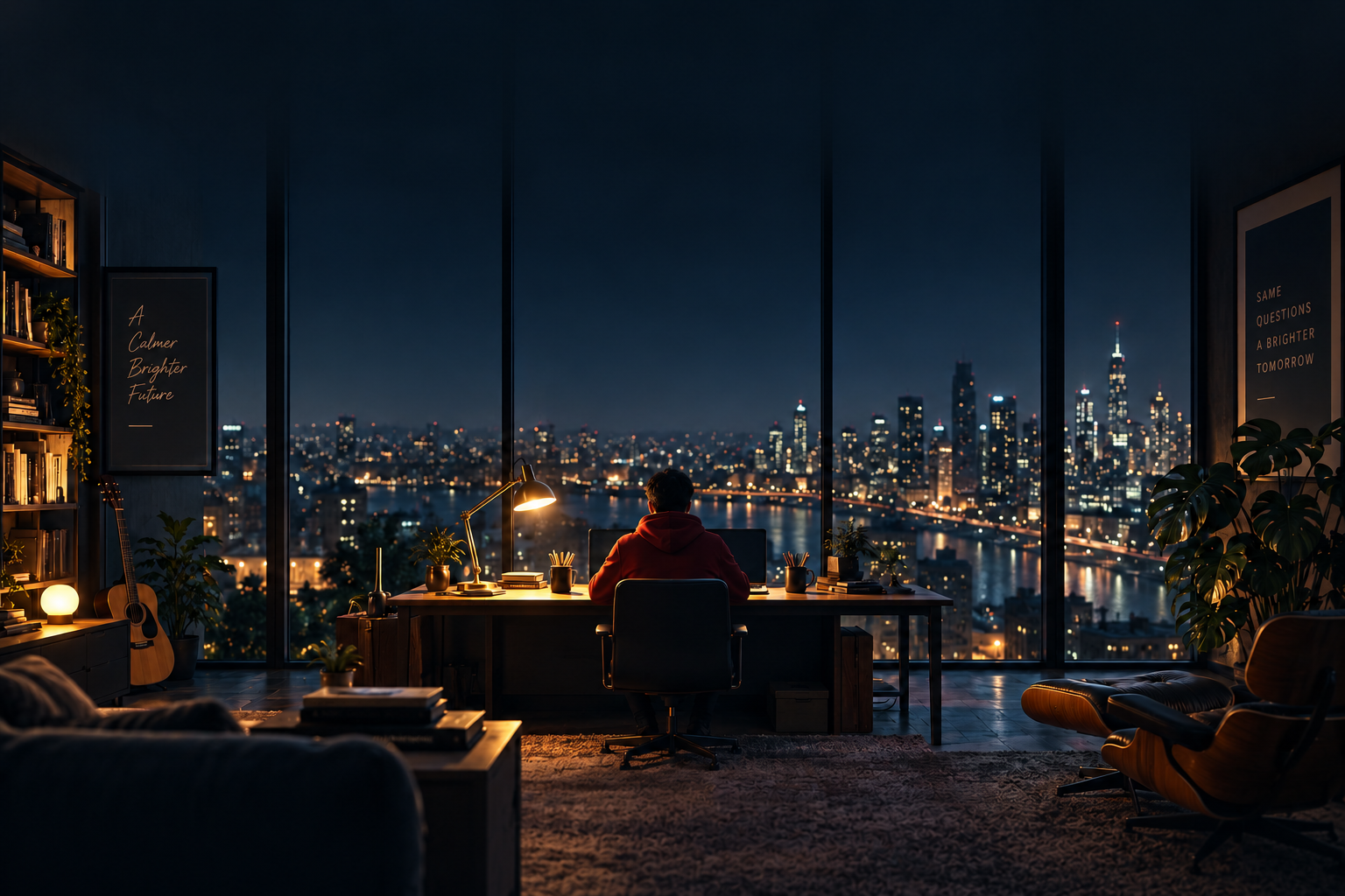 Published Blue Apartment promotional artwork overlooking a night city.
