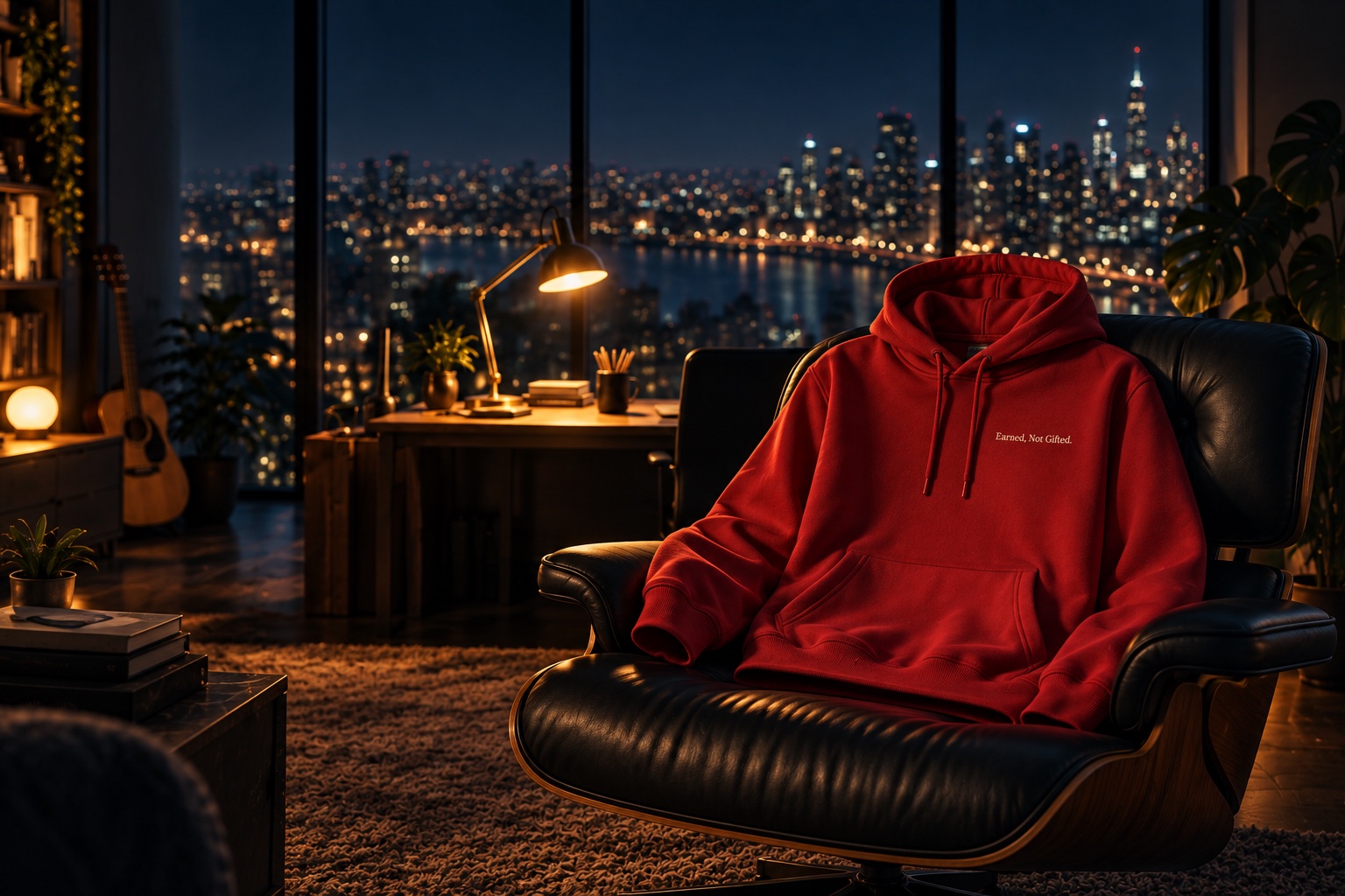 The red Earned, Not Gifted hoodie resting on a leather chair in the Blue Apartment, overlooking the city at night.